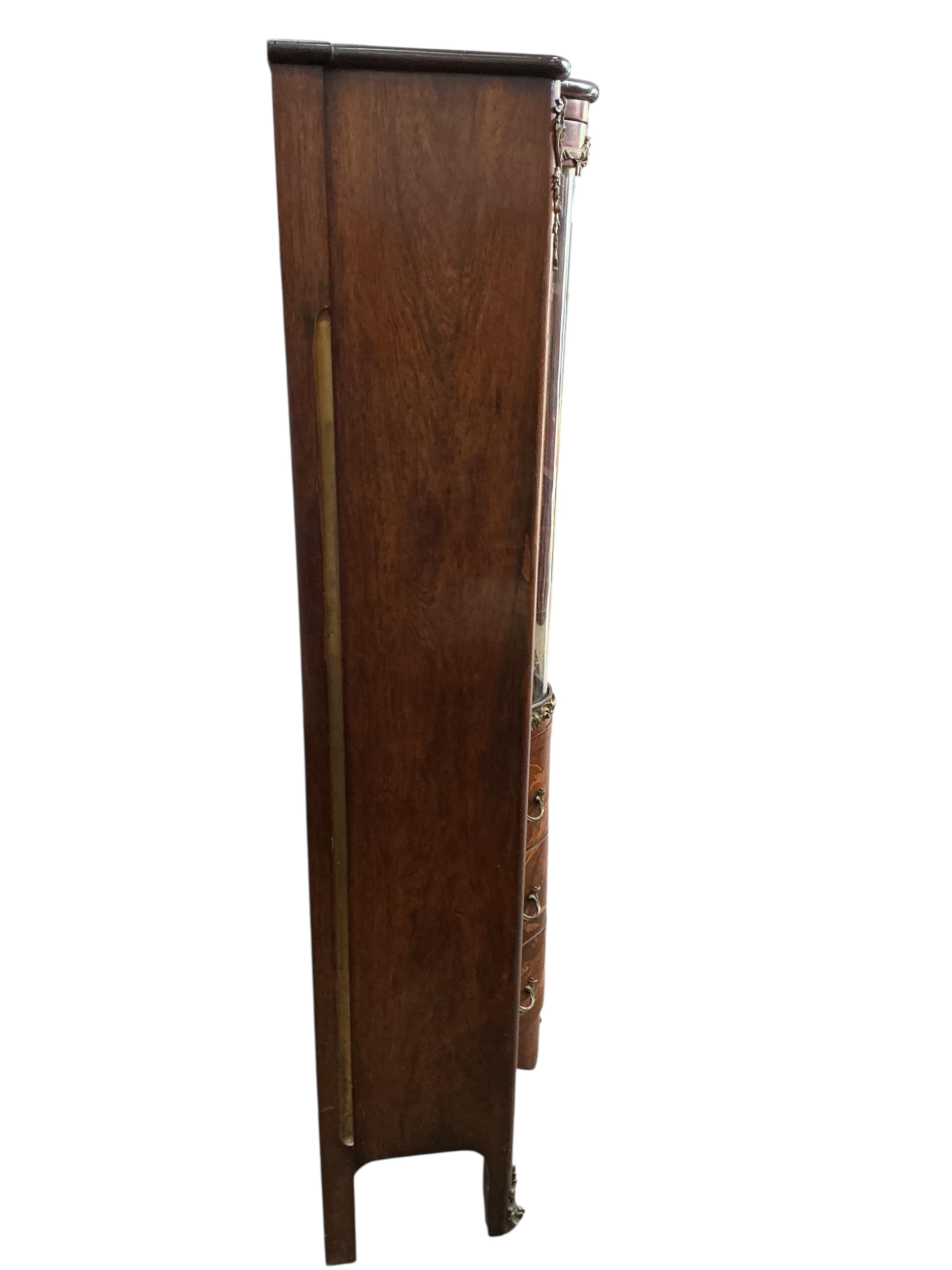 An early 20th century French gilt metal mounted marquetry inlaid rosewood vitrine, width 69cm, depth 38cm, height 164cm